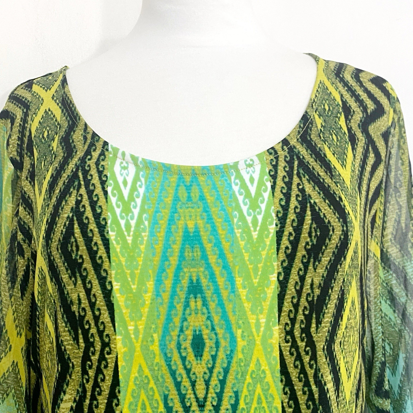 Style & Co. Green Ombre Geometric Print Opaque Body, Sheer Sleeves Dress L