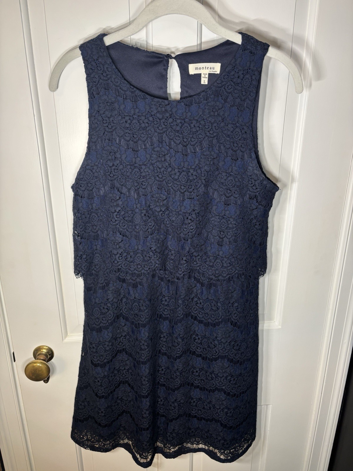 NWOT Large Monteau Navy Blue Lace Shift Overlay Dress Scalloped Floral