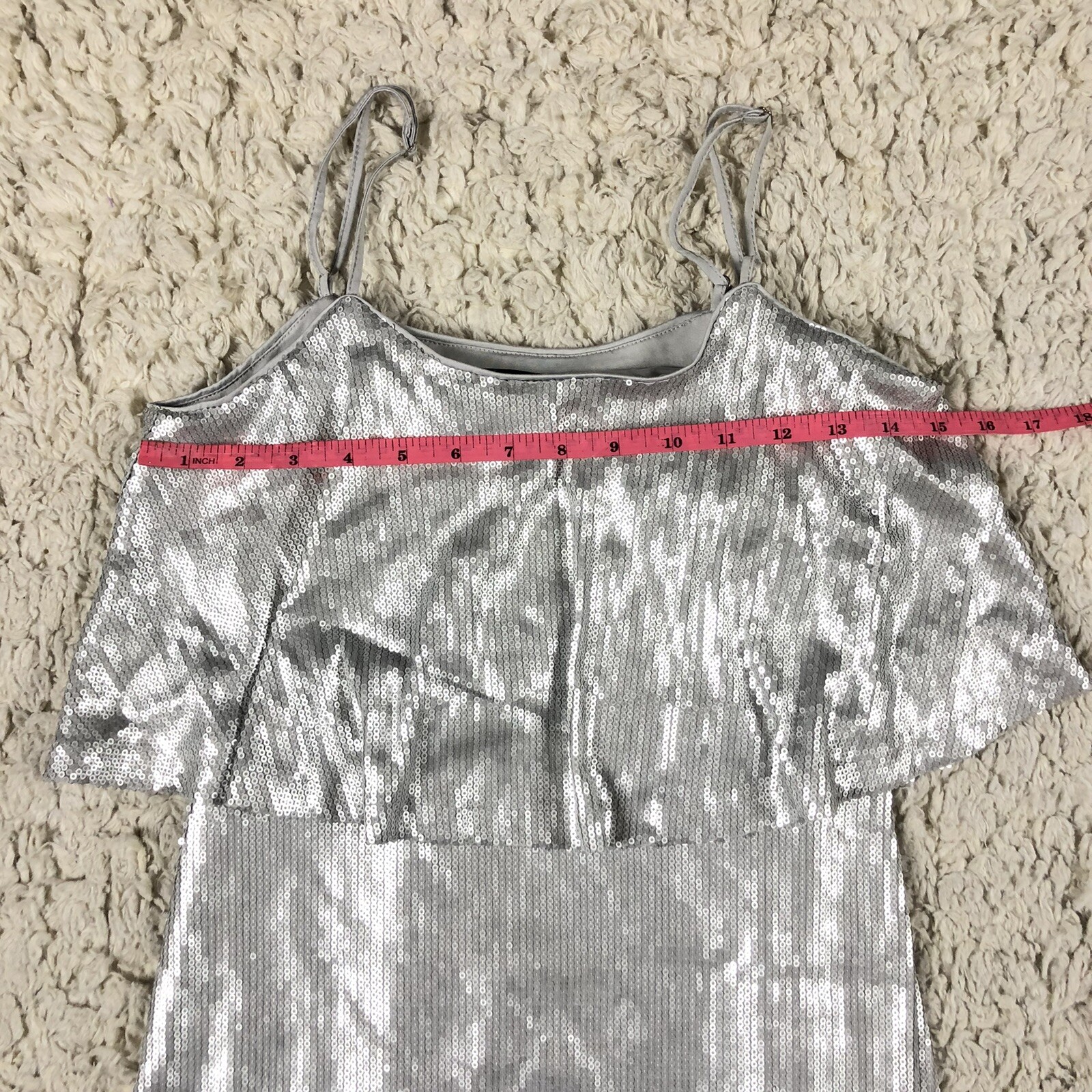 Forever 21 Silver Sequin Stretch Ruffle Mini Dress Womens Small Spaghetti Strap
