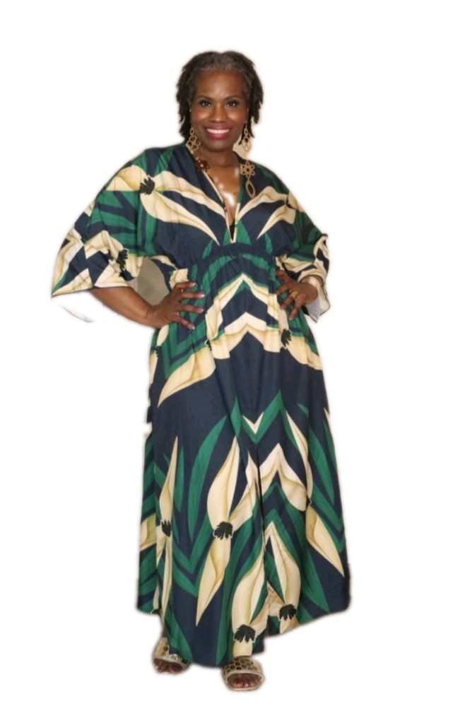 SHEIN Caftan Dress Full Print Deep V-Neck Slit Thigh Size 0XL (US 12)