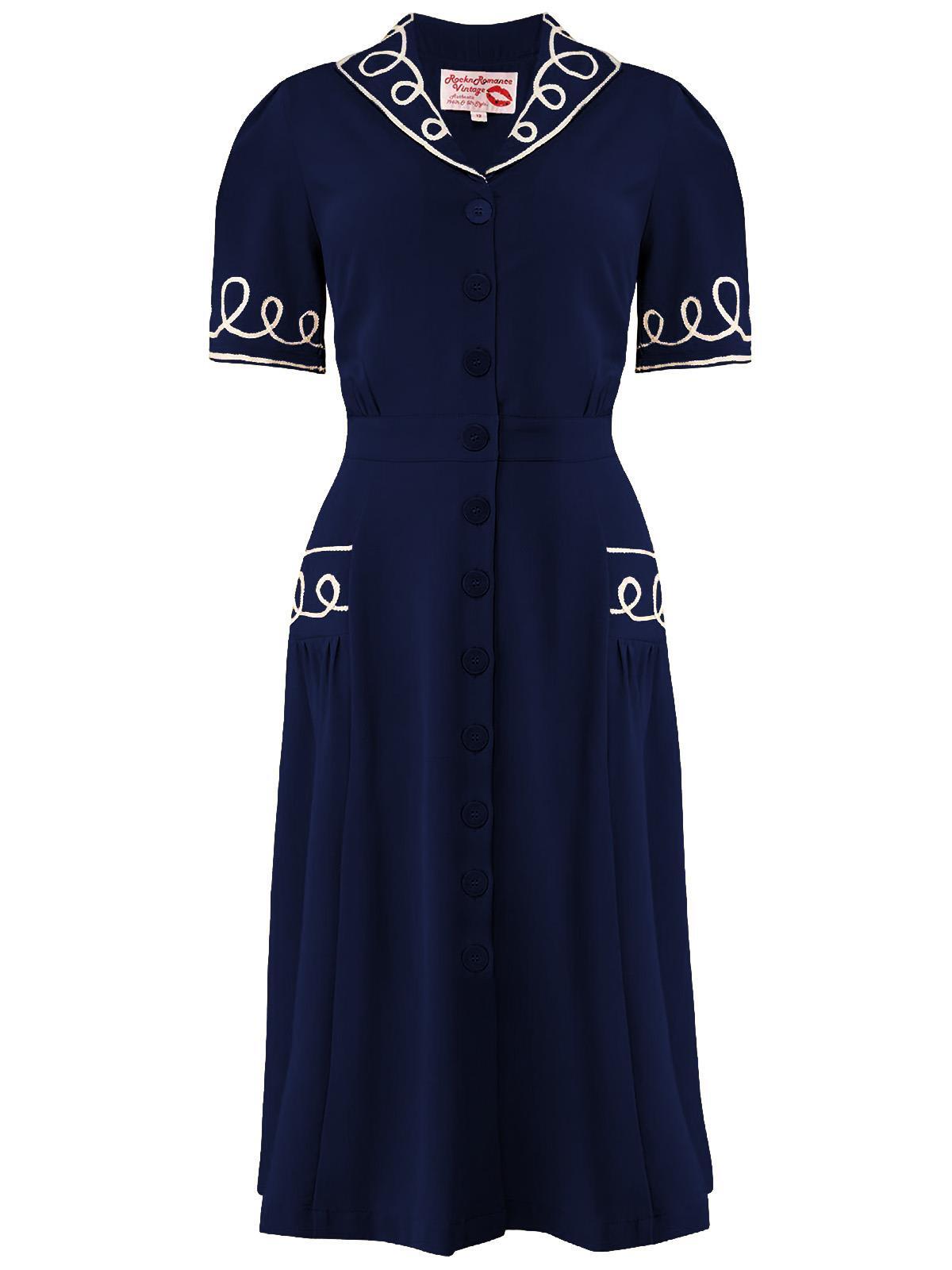 Vintage 1940s 1950s Retro Style Navy Blue Soutache Loop Decor Dress UK 08-20