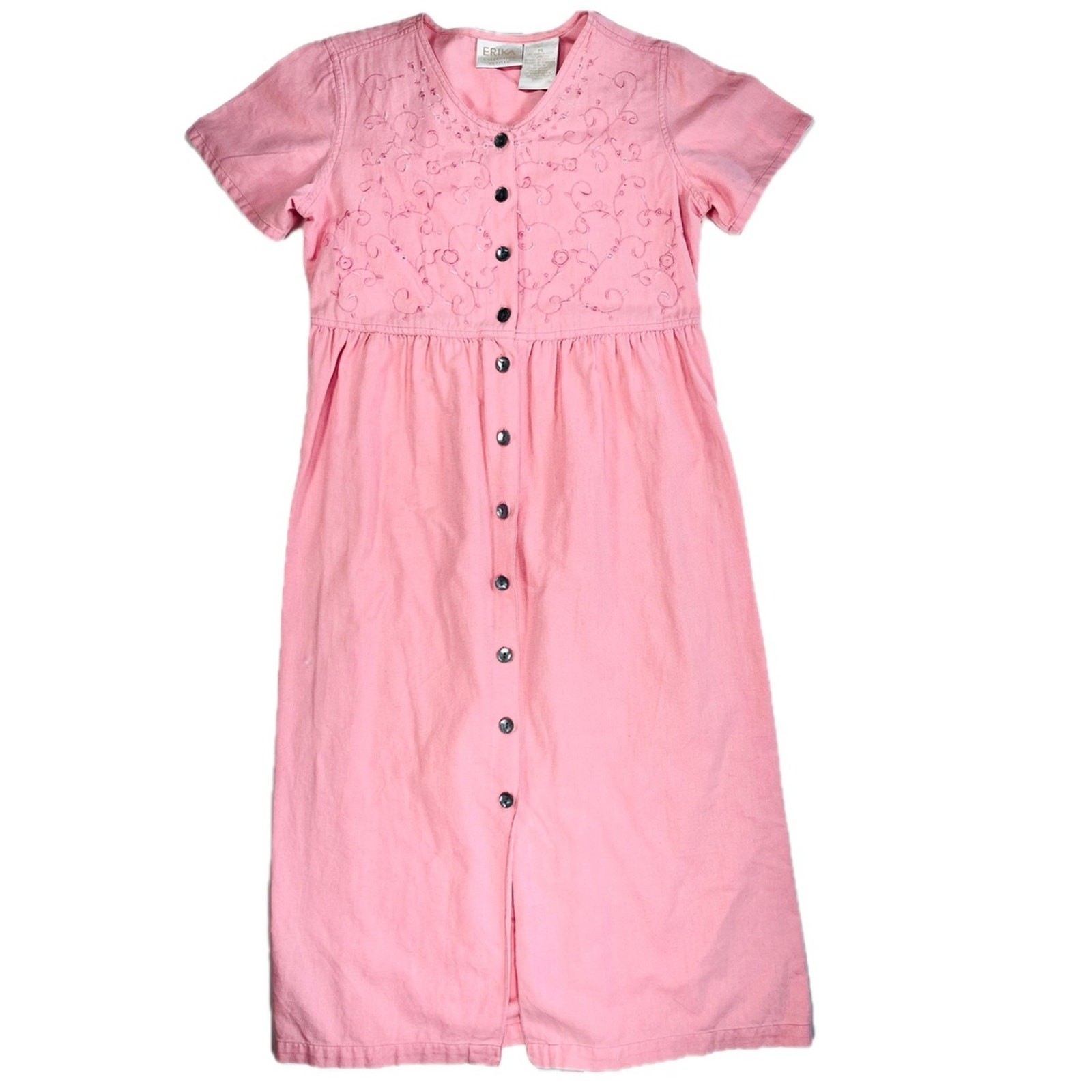 Vintage Pink Linen Button Front Maxi Dress Floral Embroidered Empire Waist Med