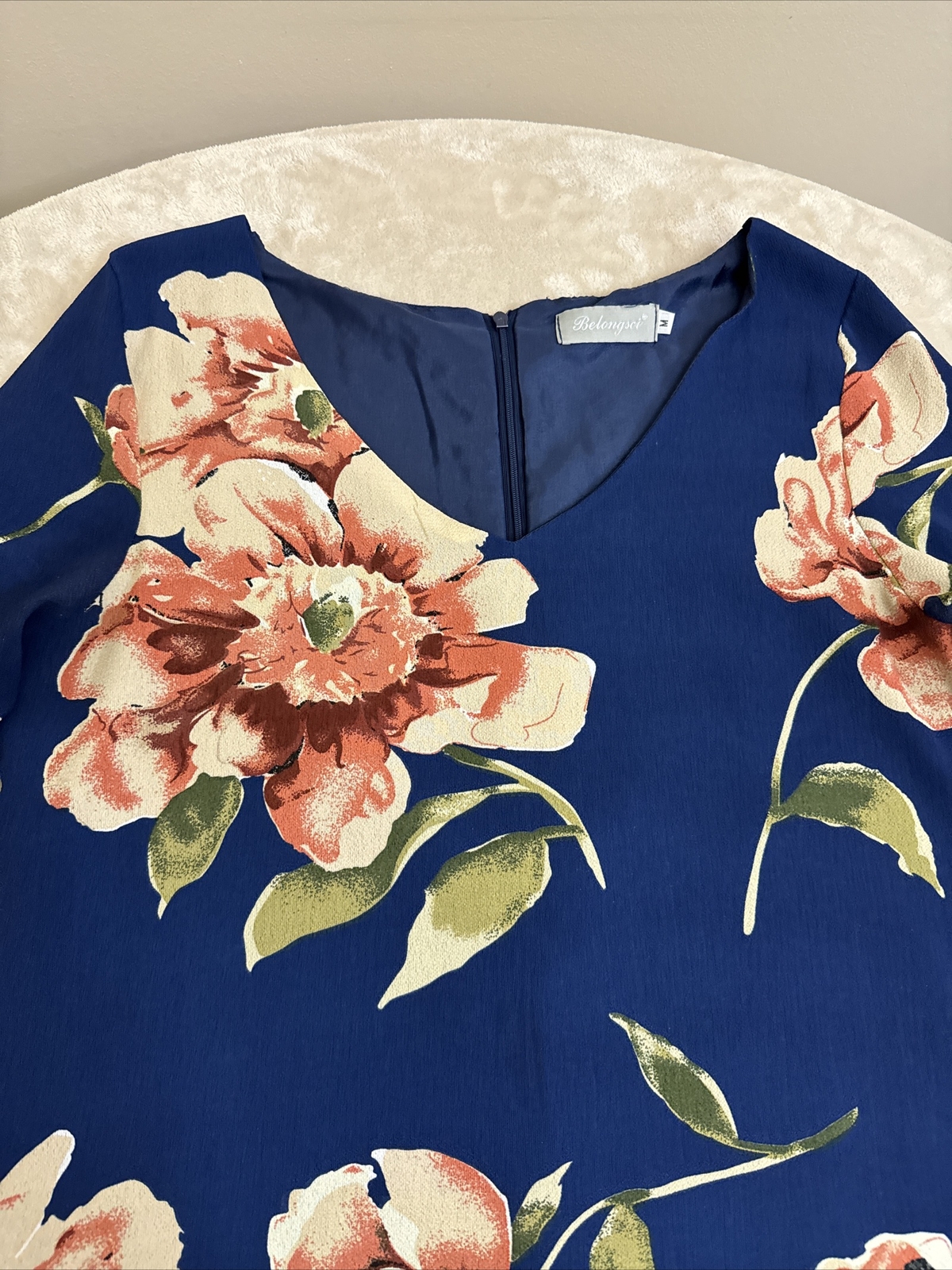 BELONGSCI Womans Navy Blue Floral FLARED SLEEVE Dress Size Medium