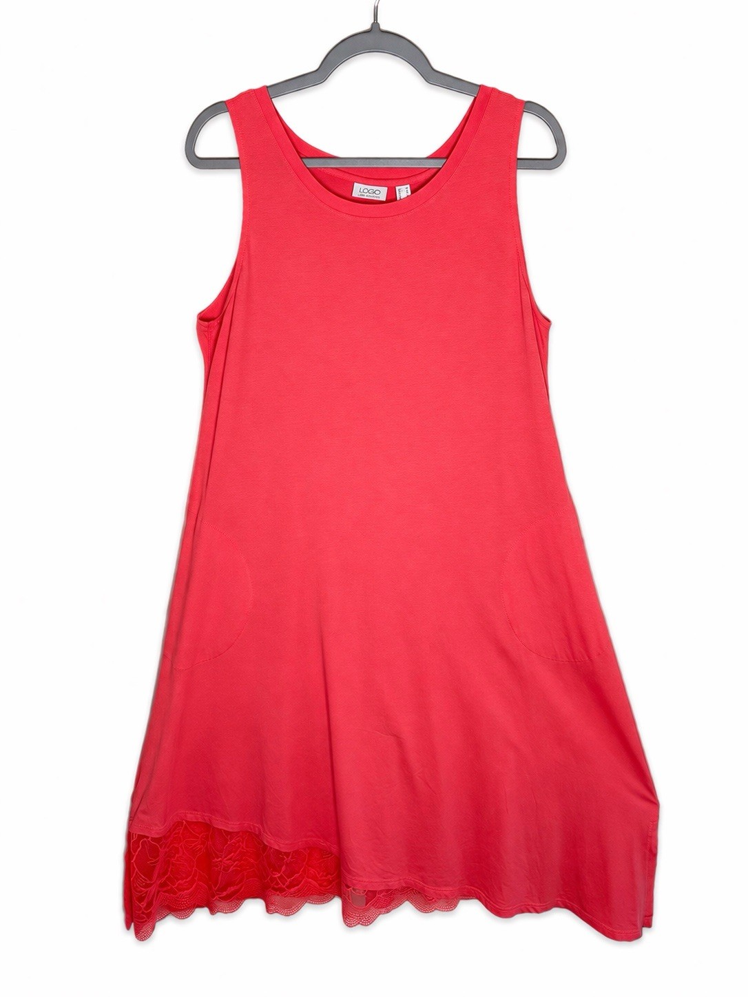 LOGO Lori Goldstein A-Line Swing Tank Dress Womens M Pink Coral Lace Hem Pockets