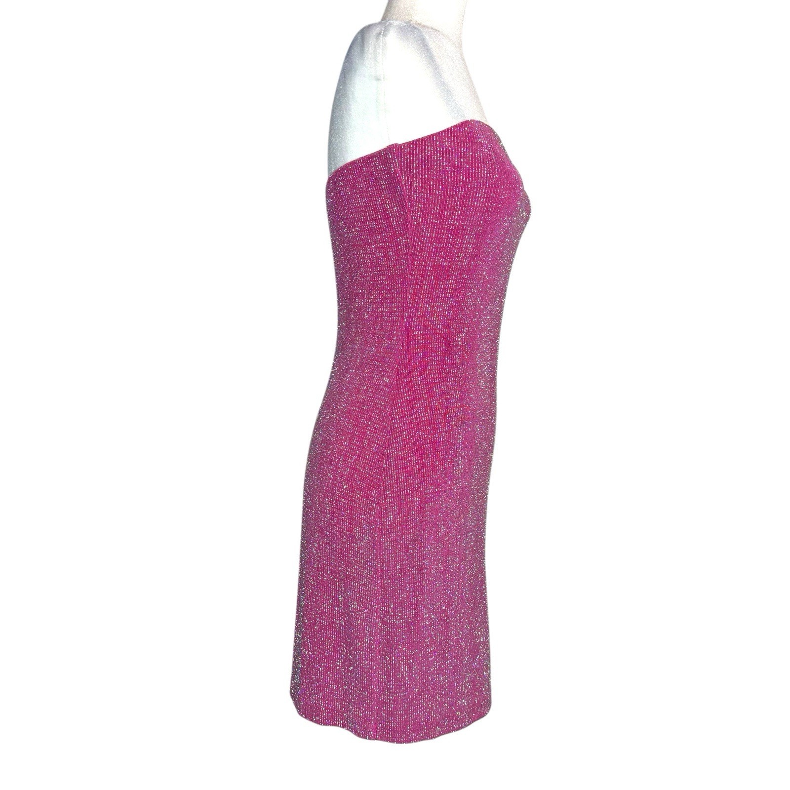 Vintage 90s Charlotte Russe Glittery Strapless Mini Dress L Pink Slinky Sexy USA