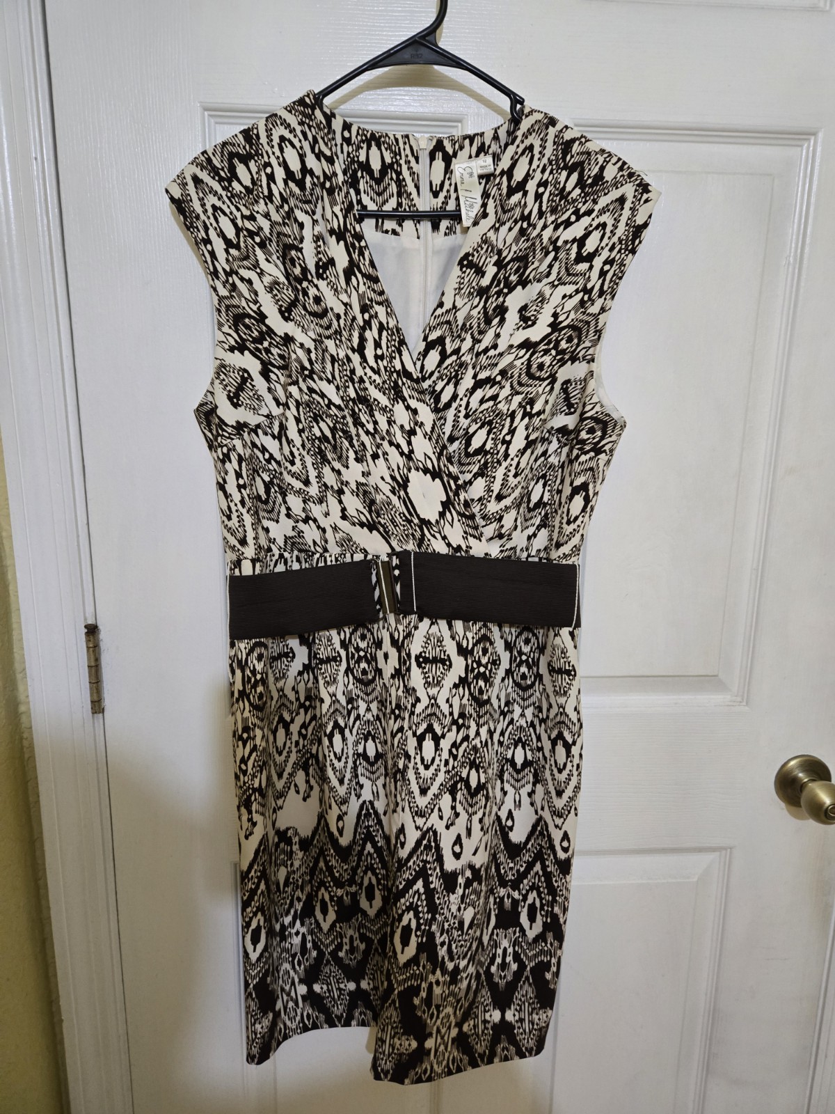 Emma & Michele Brown and Beige Geometric Fit & Flare Dress Sleeveless Belted 12