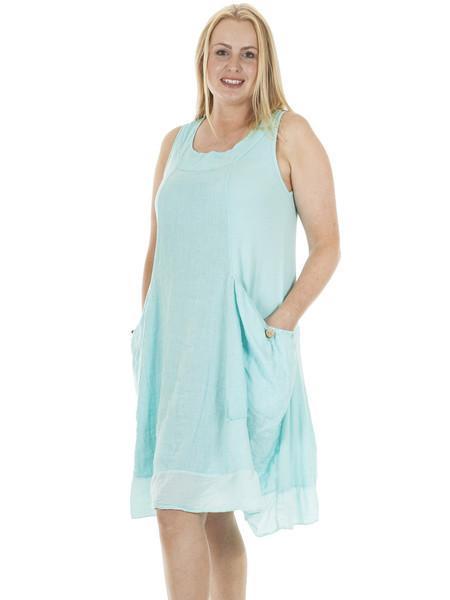 Dress Plus Size 16-22 Sky Blue Linen Cotton Front Pocket Lagenlook Cruise