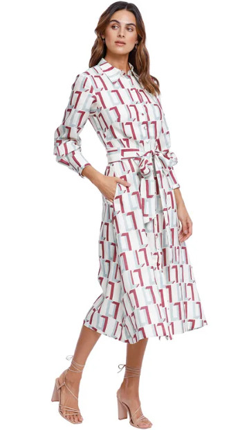 LEO LIN Linen Retro Print Shirt Midi Dress Wprkwear Size 8 AU Preloved