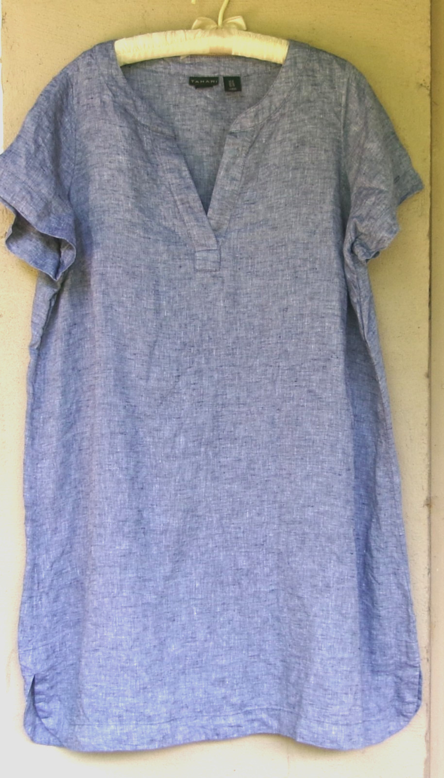 Tahari Blue Linen Short-Sleeve Split-Neck Shift Dress Size 1X
