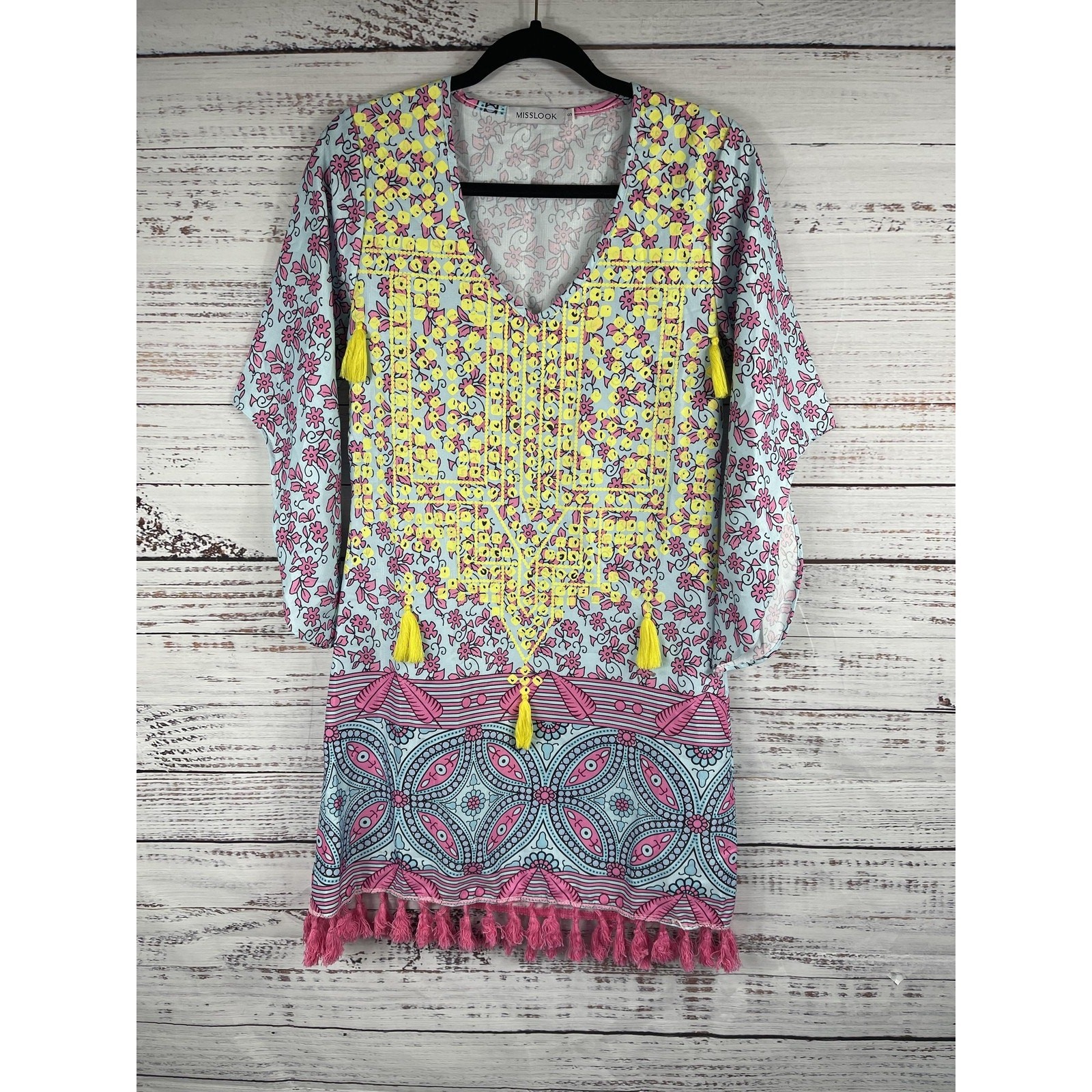 Misslook Dress Women’s SZ S Tassel Boho Tunic Floral Embroidered Festival Summer