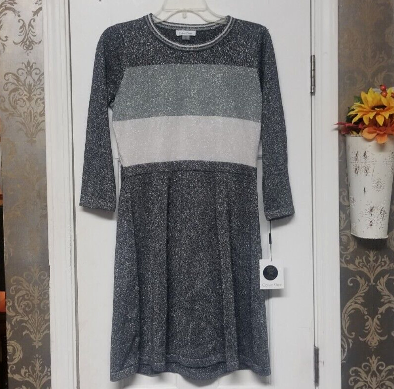 Calvin Klein Women’s Metallic Colorblocked Sweater Dress Grays Sz PM NWT Read!