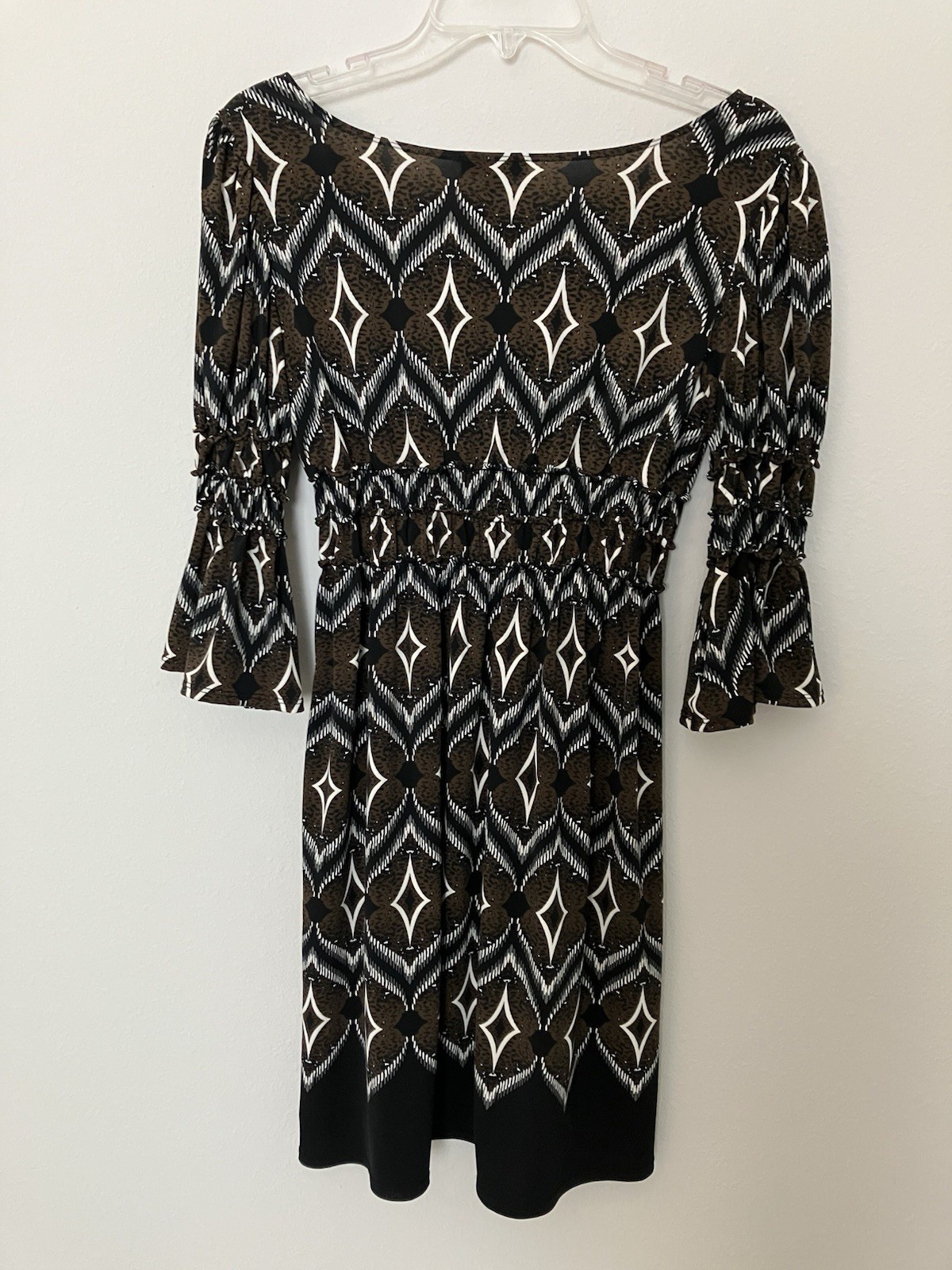 Max Edition Petite MP Brown Black Geometric Smocked Bell Sleeve Dress Midi
