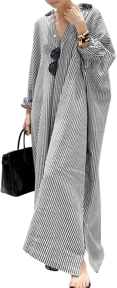 Womens Cotton Maxi Shirt Dress Button Down Long Sleeve Loose Fit Kaftan