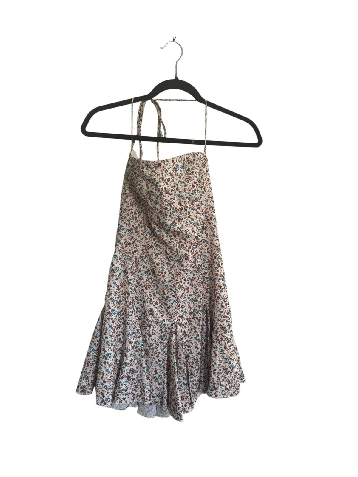 PRINCESS POLLY SZ 4 Mini Dress Brown Blue Floral Fit & Flare Halter Strap #5121
