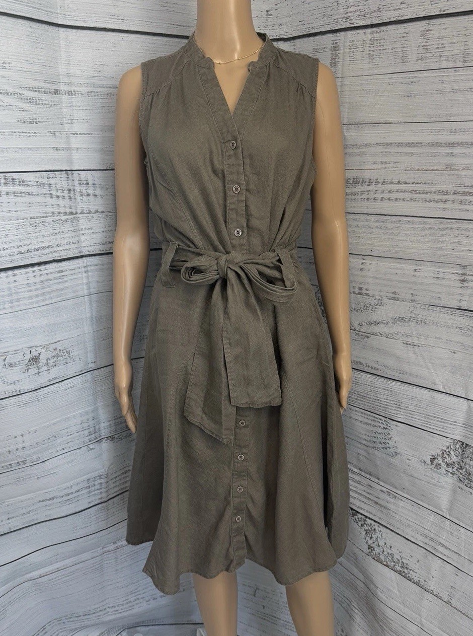 Malvin 100% Linen Sleeveless Button Midi Dress S Gray Belted Fit Flare Casual