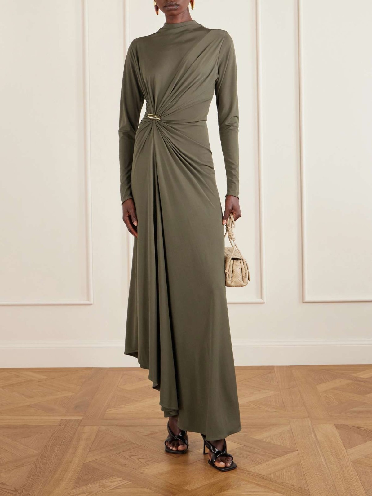BOTTEGA VENETA Asymmetric embellished gathered jersey khaki maxi dress size IT 4