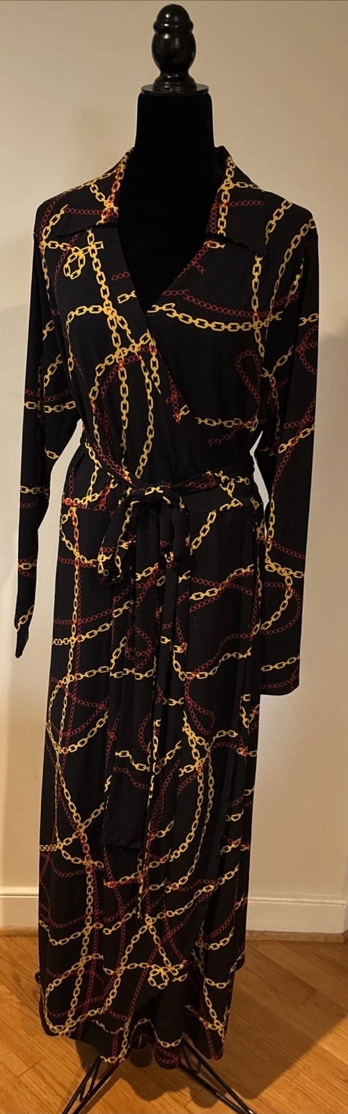 Ashro Black Red Gold Chains Wrap Style Dress Long Sleeve Plus Size 20W Casual