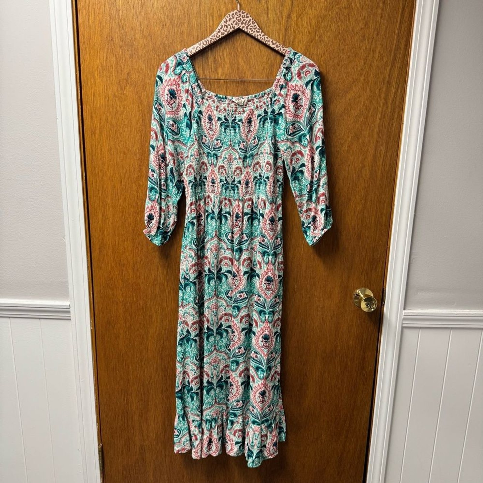 Fat Face Adele Mirrored Paisley 3/4 Sleeve Smocked Square Neck Midi Dress 8