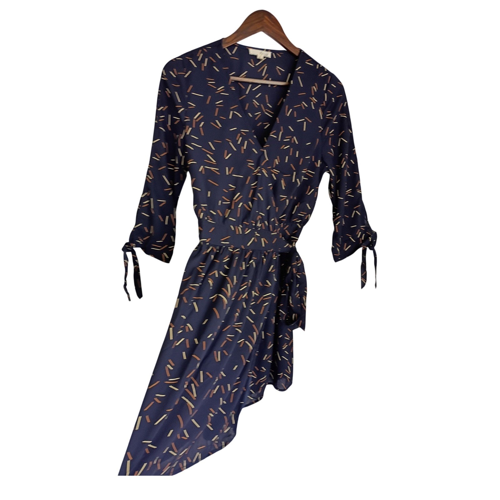 Memuse Whimsical Navy Blue Abstract Print Wrap Mini Dress Short Sleeve S/M NWOT