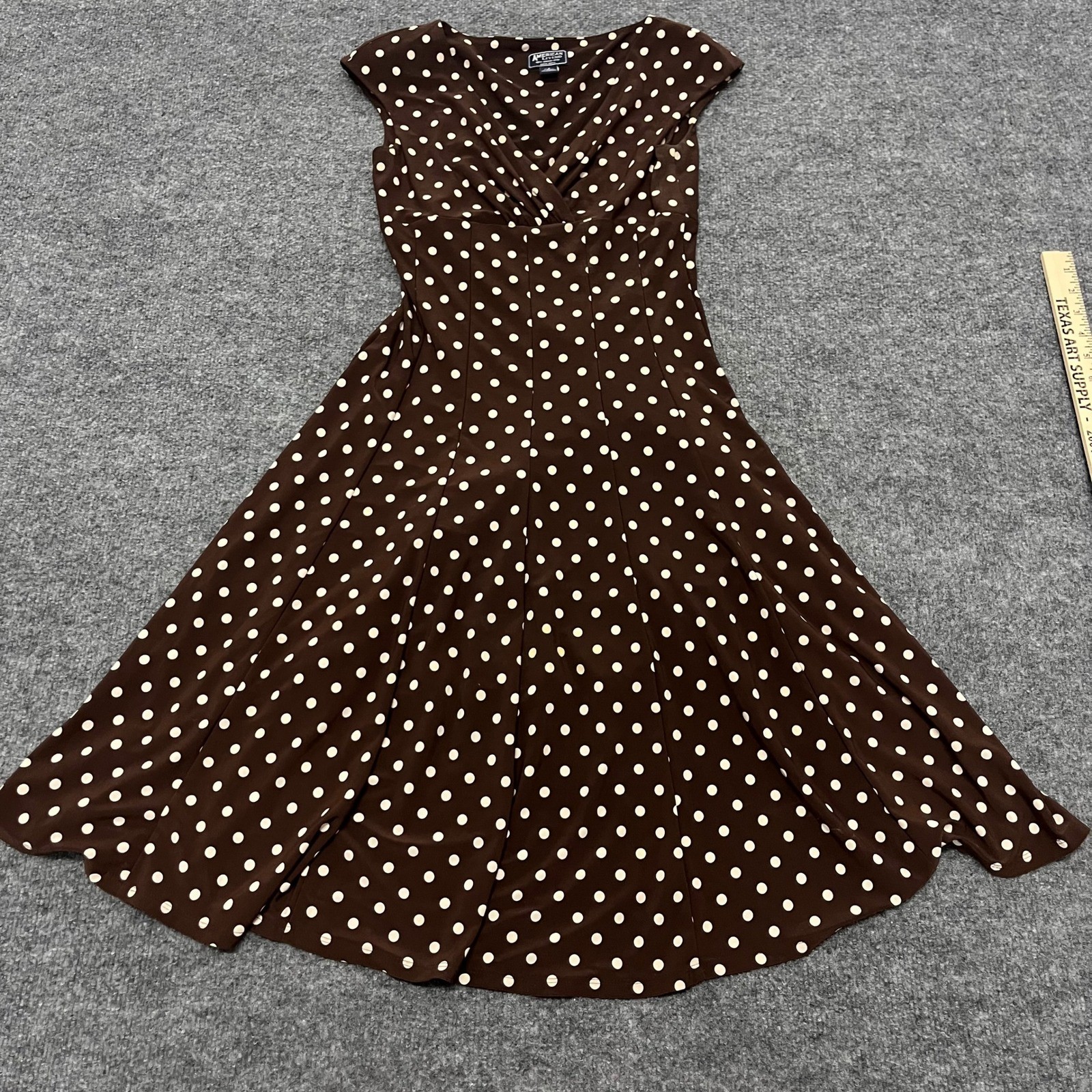 American Living Dress Womens Size 2 Brown Polka Dot Fit Flare V-Neck Cap Sleeve
