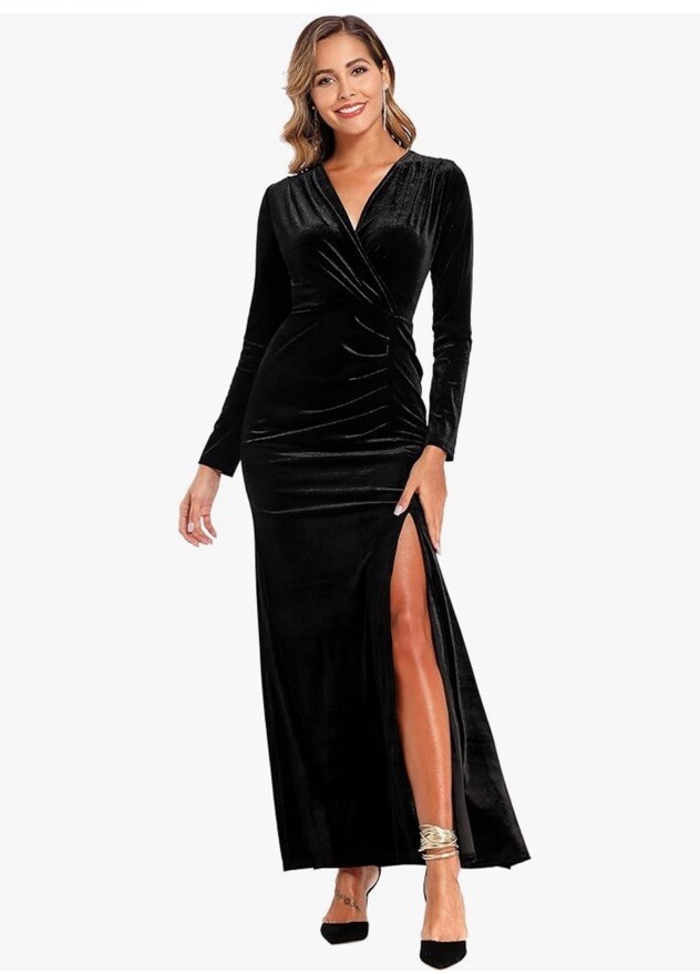 Ababalaya M Black Velvet Wrap Party Dress Long Sleeve VNeck Maxi Slit
