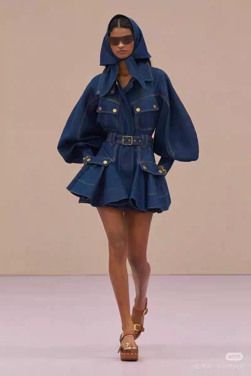 Zimmermann 2026 Spring Summer Runway Lantern Sleeve Denim Belted Puff Mini Dress
