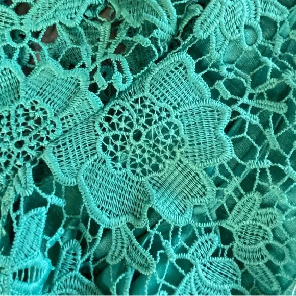 J GEE Boho Green Blue Teal Blue Floral Lace Gauze Bell Sleeves