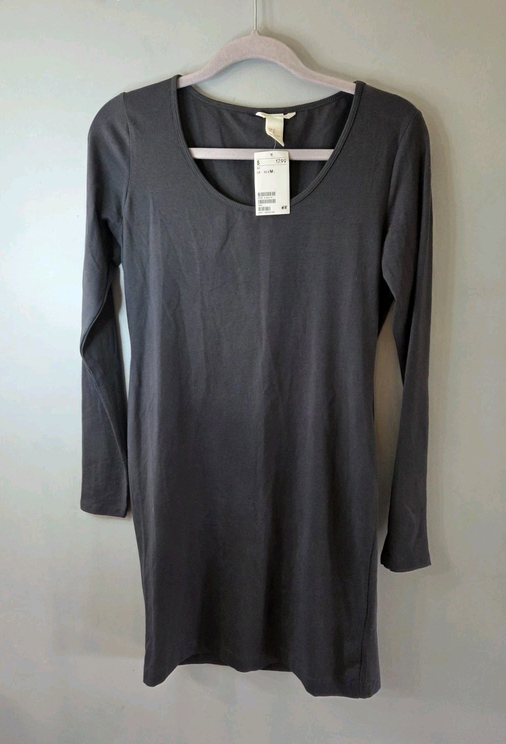 H&M Basic T-Shirt Dress Long SleeveSolid Gray Bodycon Cotton Spandex Sz M NWT