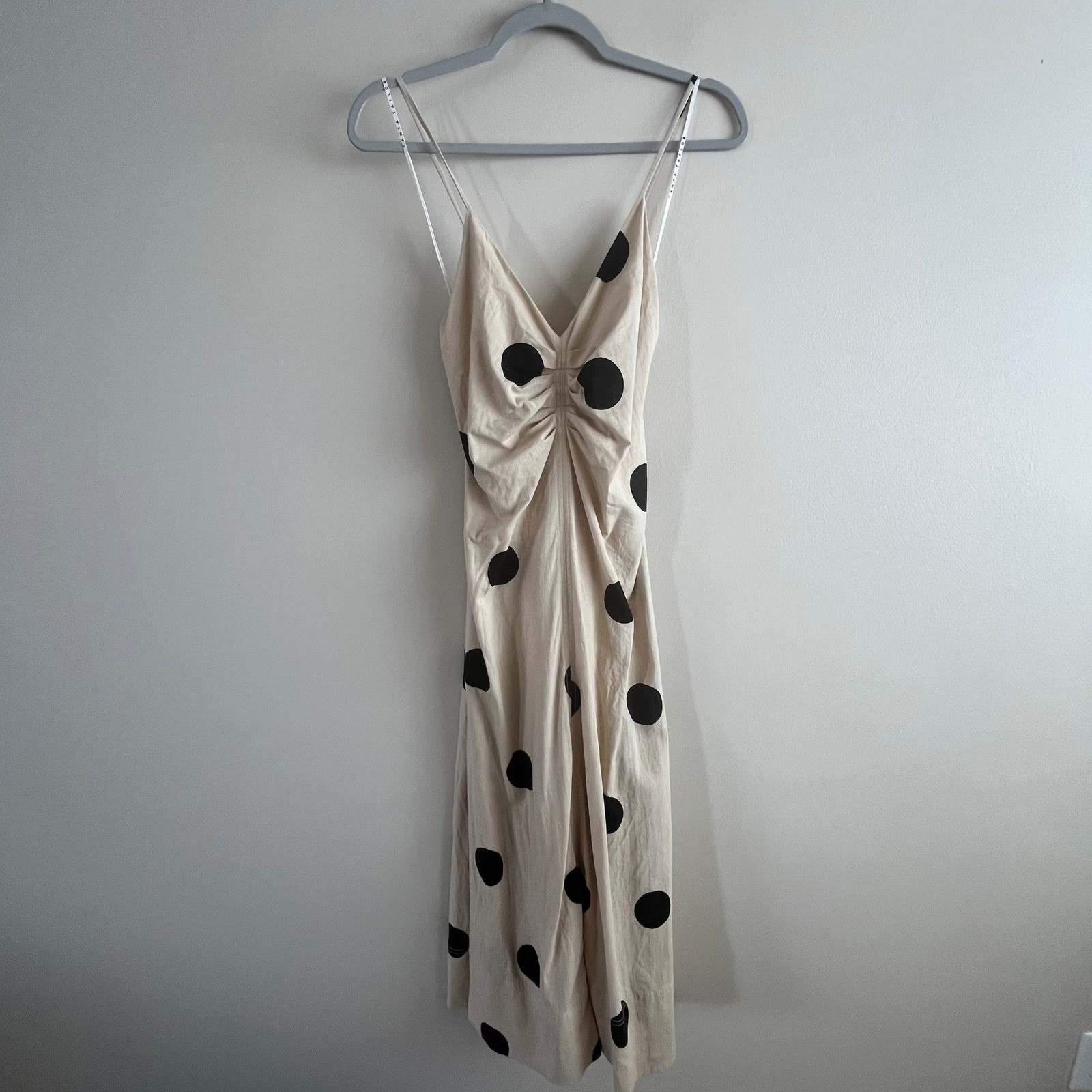 Tanya Taylor Meredith Dress Polka Dot Linen Ruched V Neck Cream Midi 4
