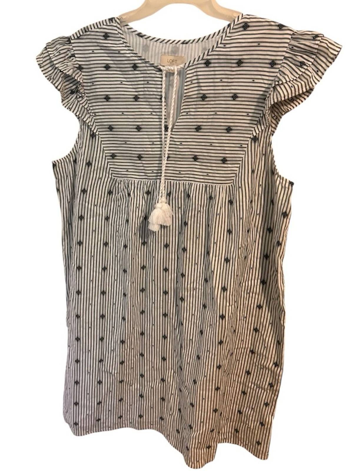 LOFT Vertical Striped Diamond Pattern Ruffle Cap Sleeve Tassels Shift Dress XL