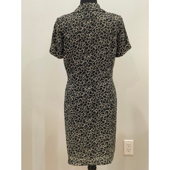 David Warren 8P Black/Beige Patterned Button Down with Shoulder Pads Knee Length