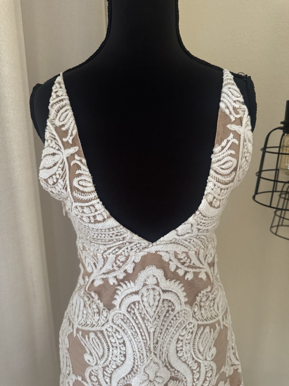 Free People Night Shimmers Sequin Lace Mini Dress Nude Ivory Size 4 Boho