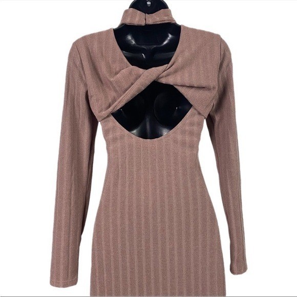 Floret Studios Mocha Ribbed Mock Neck Midi Dress ADR101062 Long Sleeve Side Slit