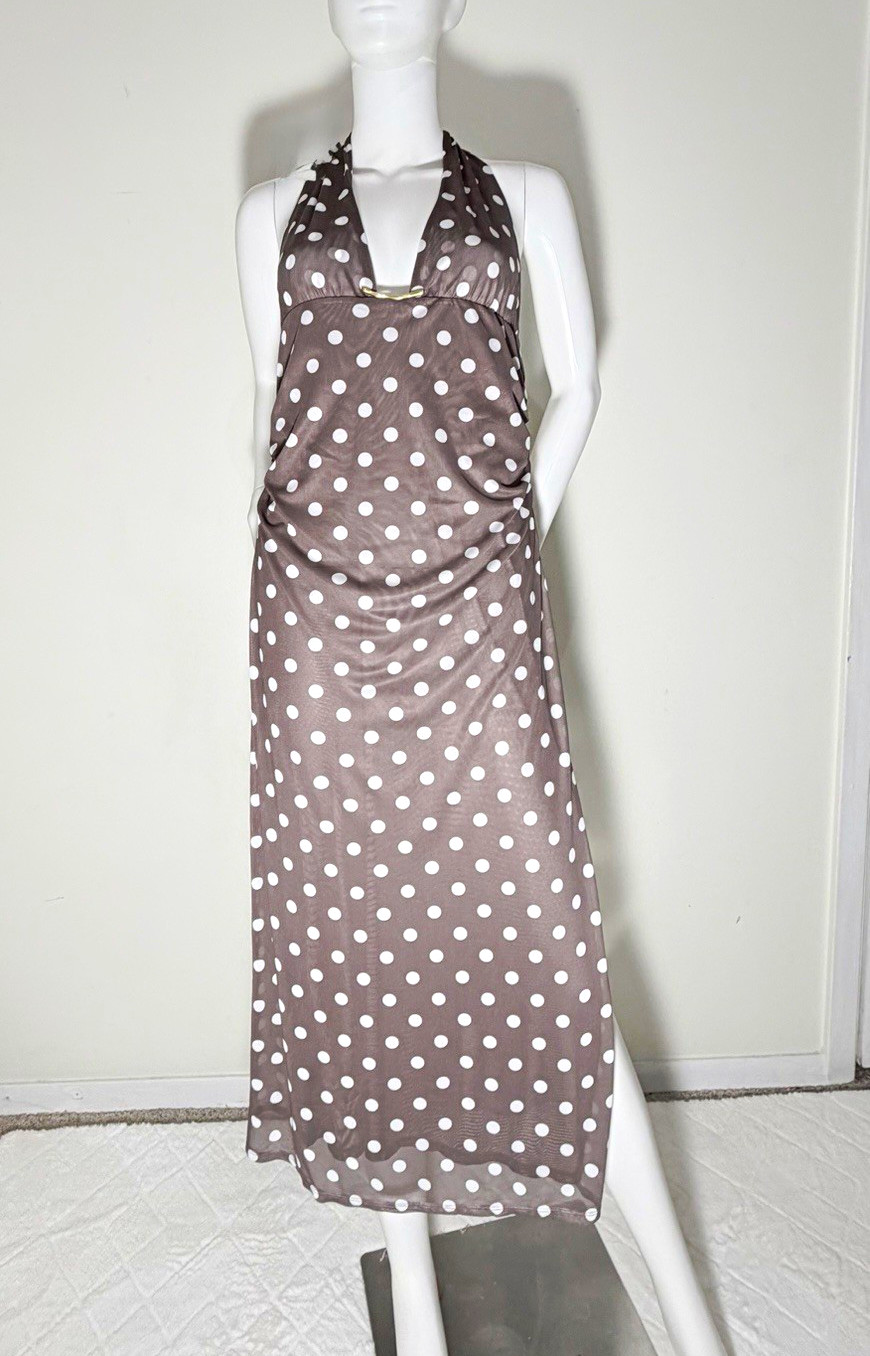 Caroline Constas Brown White Polka Dot Halter Backless Slit Mesh Midi Dress L