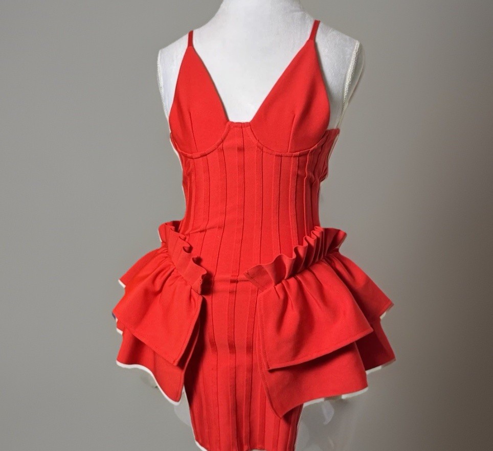 Red Corset Style Exaggerated Peplum Dress | Vegas | Structural | 80s Retro Vibe