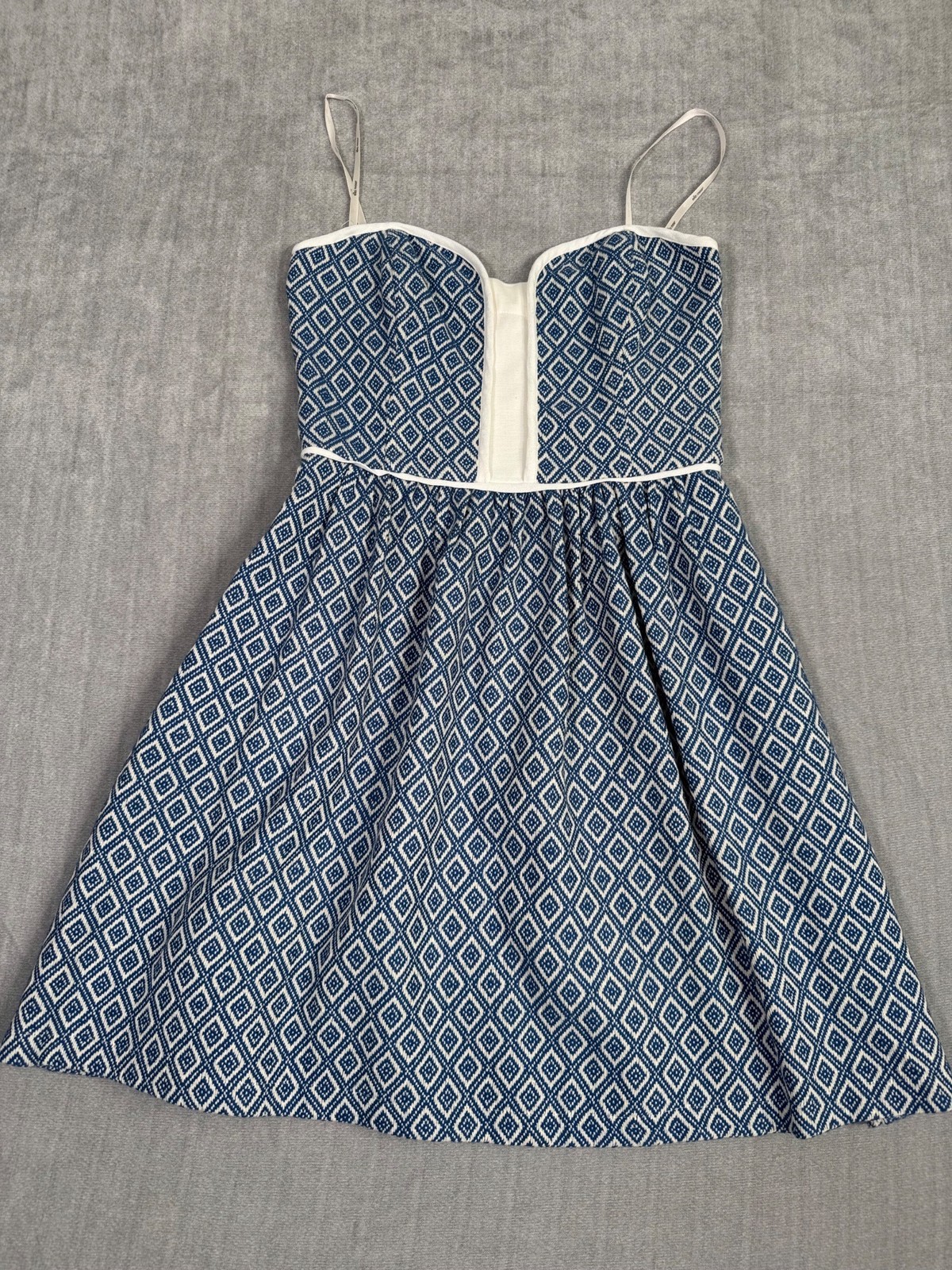Ella Moss Blue White Diamond Print Strapless Dress S Fit & Flare Cotton Blend