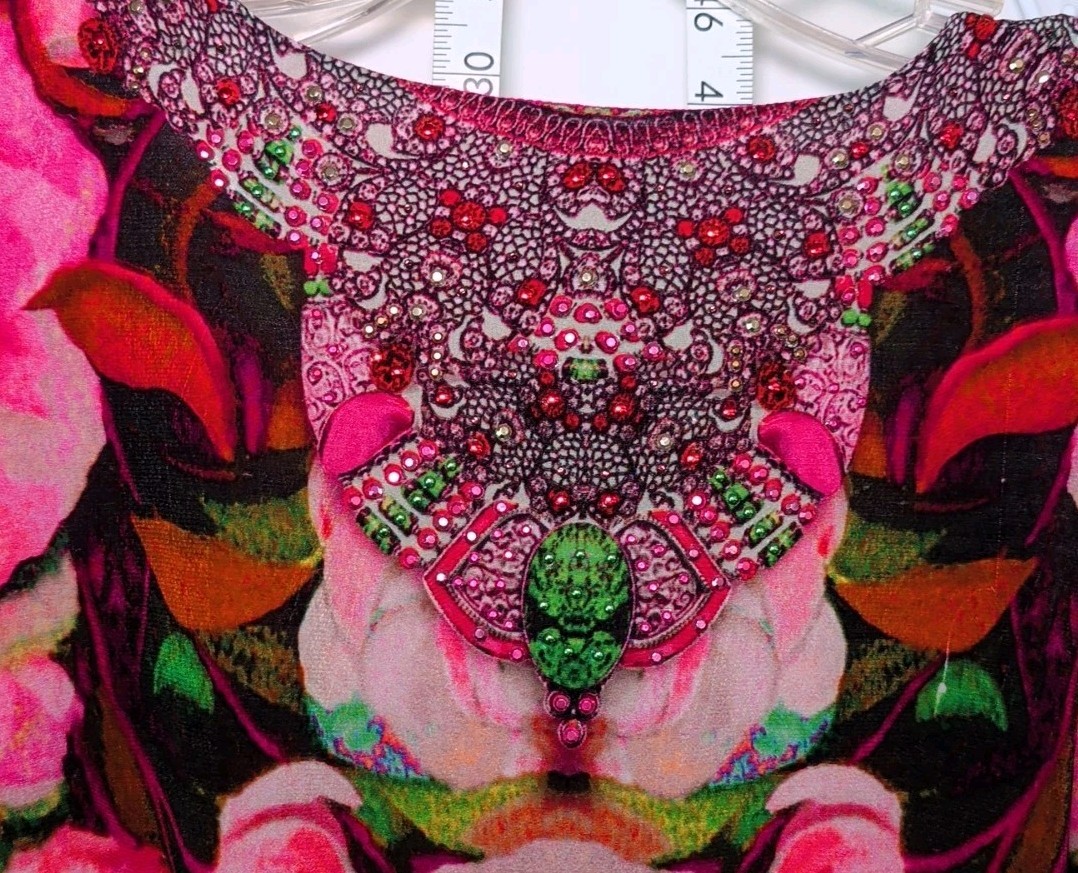 SHAHIDA PARIDES Rhinestone Beaded Wrap Maxi Dress Silk Sz M/L Floral Print Pink
