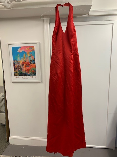 De Laru by Sheela Yen Red Satin Halter Gown–Size 5/6 Small-Worn Once – Excellent