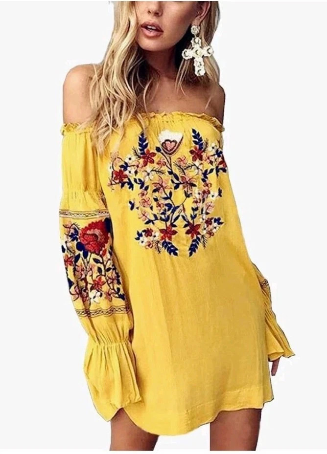 R. Vivimos XL Yellow Floral Embroidered Off Shoulder Mini Dress Bohemian Hippie