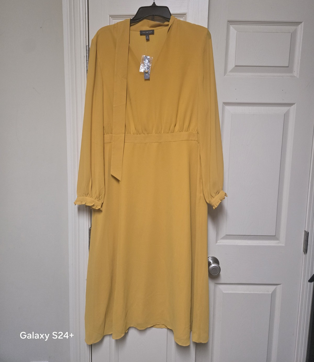 The Limited Golden Yellow Solid Shift Midi Dress V-Neck Long Sleeve Size 12