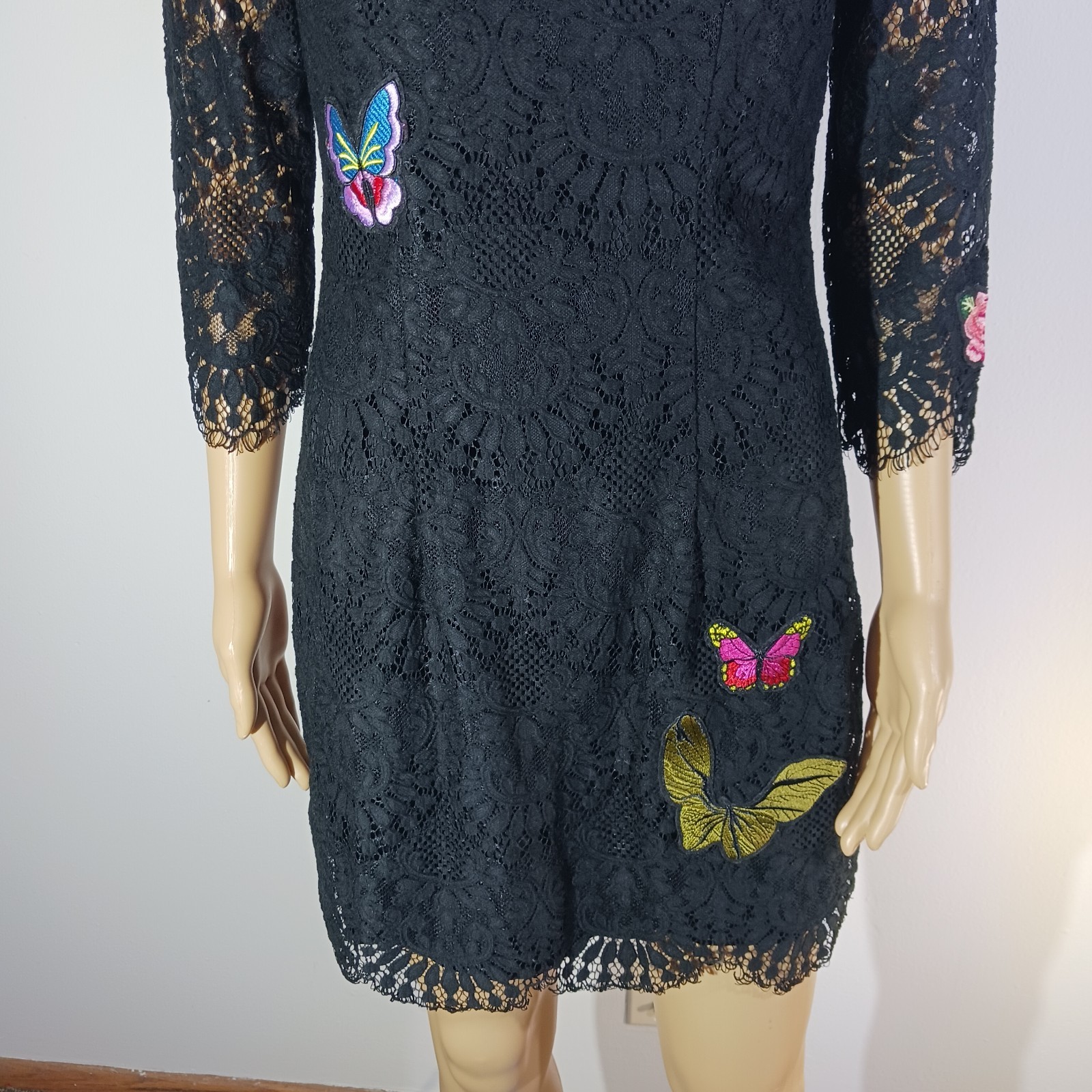 AMT Black Lace Butterfly Embroidered Shift Dress Women’s Size S 3/4 Sleeve Boho