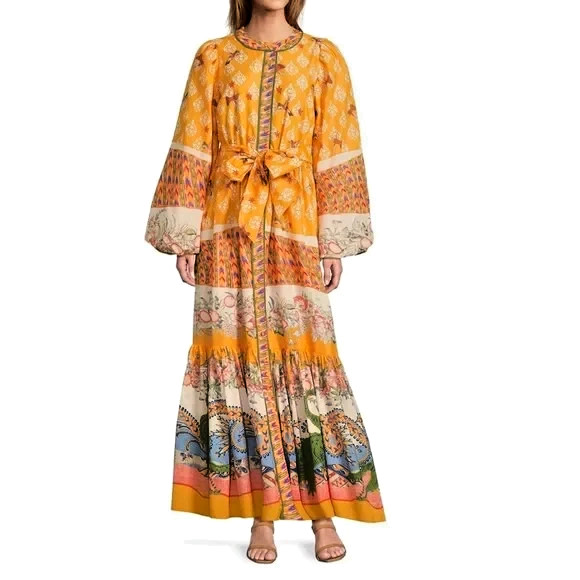ALoveA Stunning designer dress multicolor print, mandarin collar, tie waist nwt