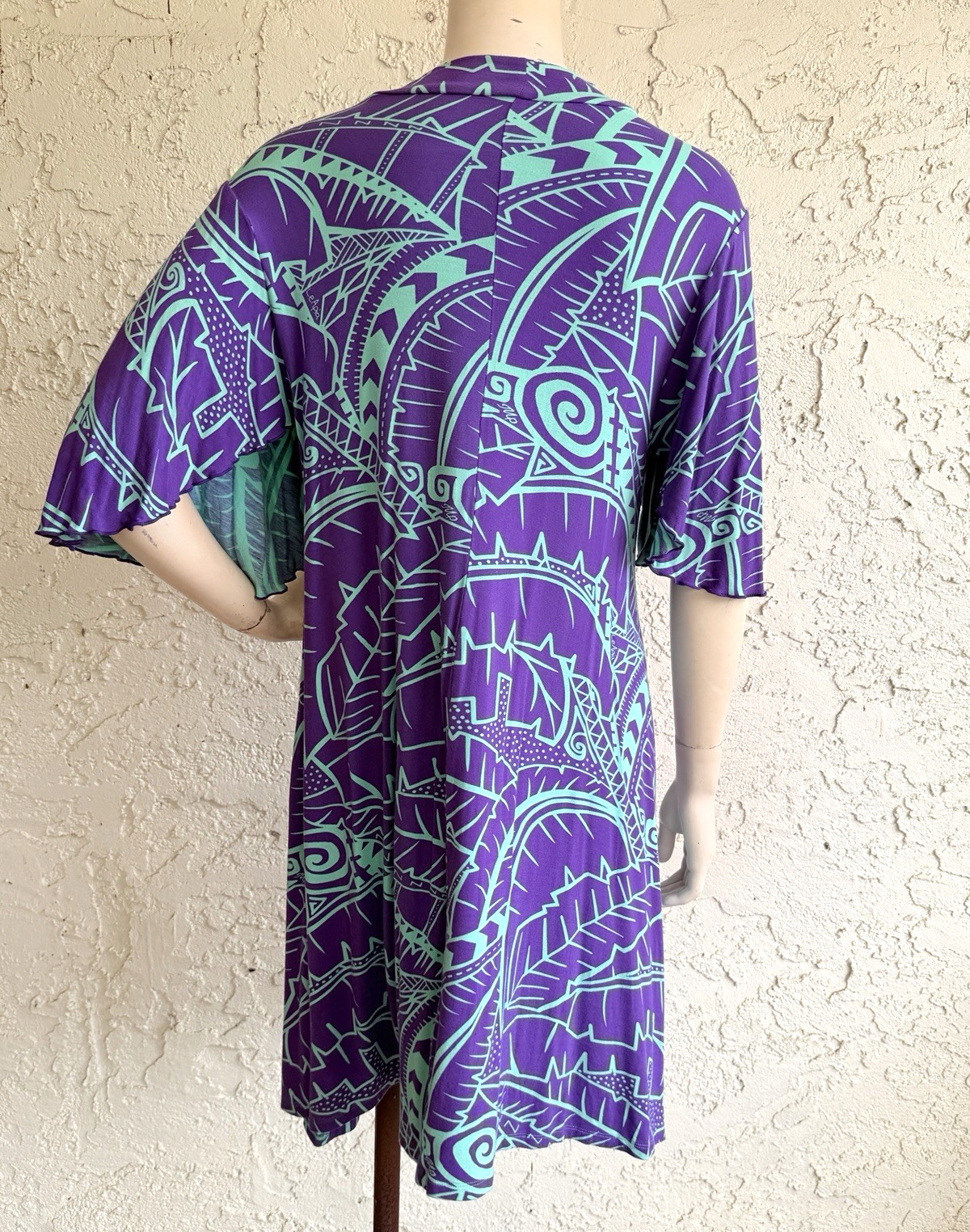 MISSING POLYNESIA Dress Purple Hawaiian Aloha Art Print Jersey Tunic Size 2 L XL