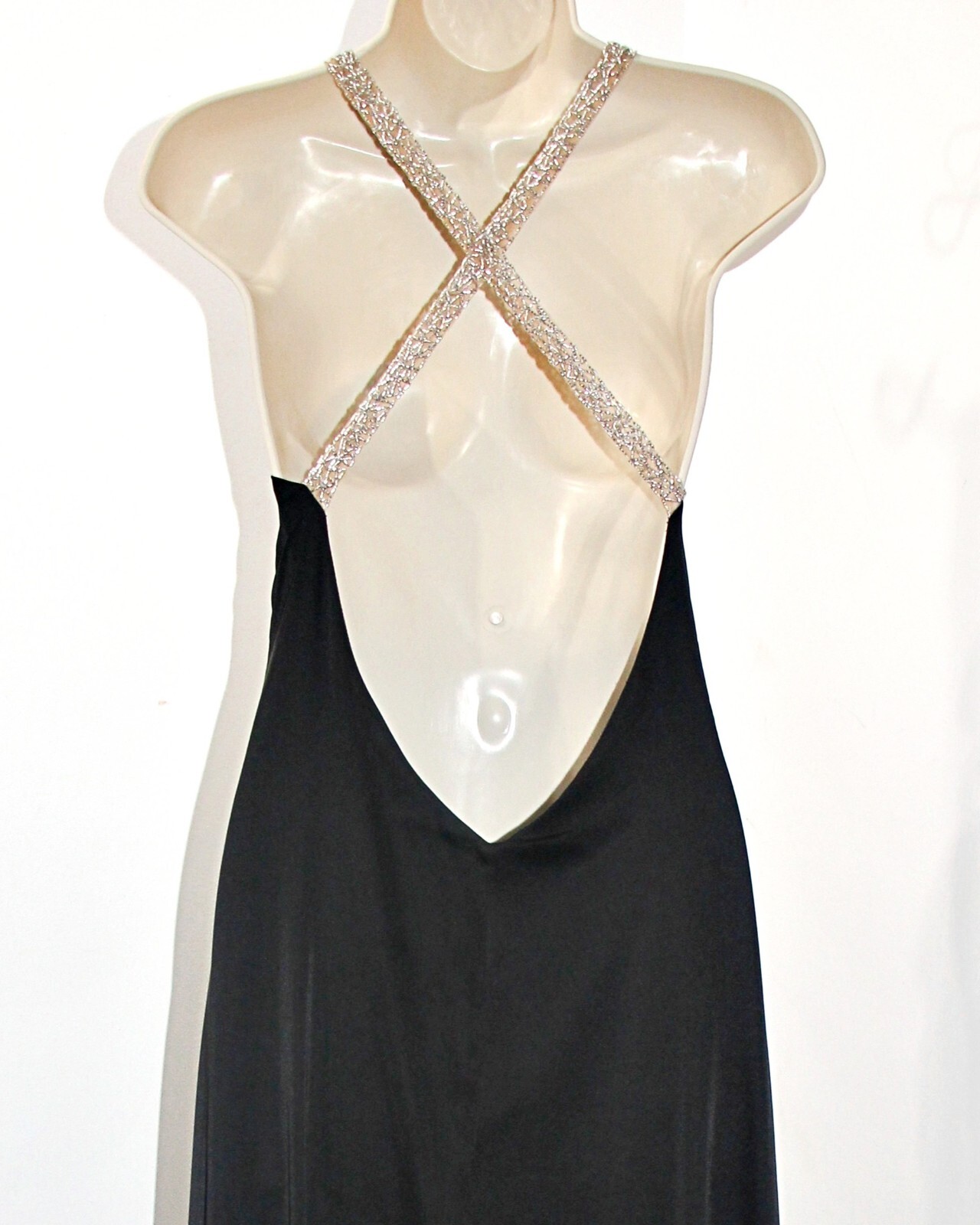 PatBO crystal-beaded side-high-slit open-back black satin gown sz 10 $995