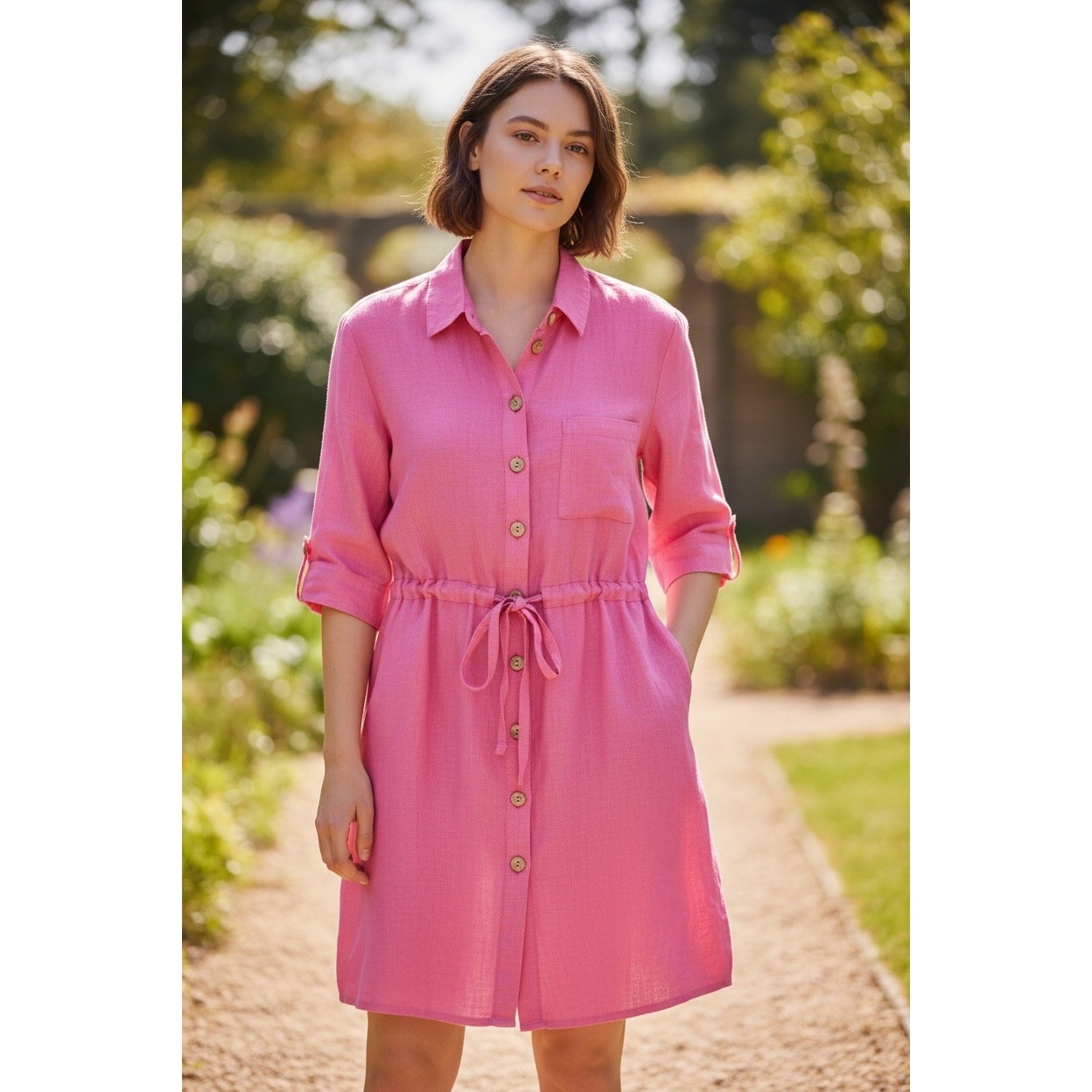 Made in Italy Women’s Pink 100% Linen Button Down Drawstring Waist Shirt Dress L