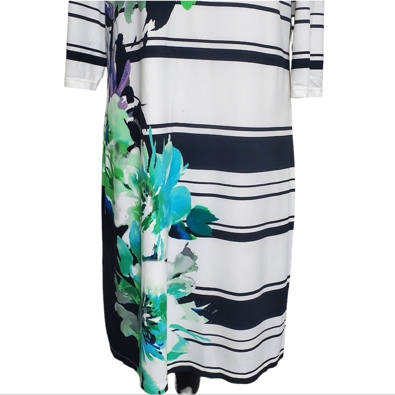 Studio One New York Cream & Black Striped Green Floral Print Midi Dress Medium