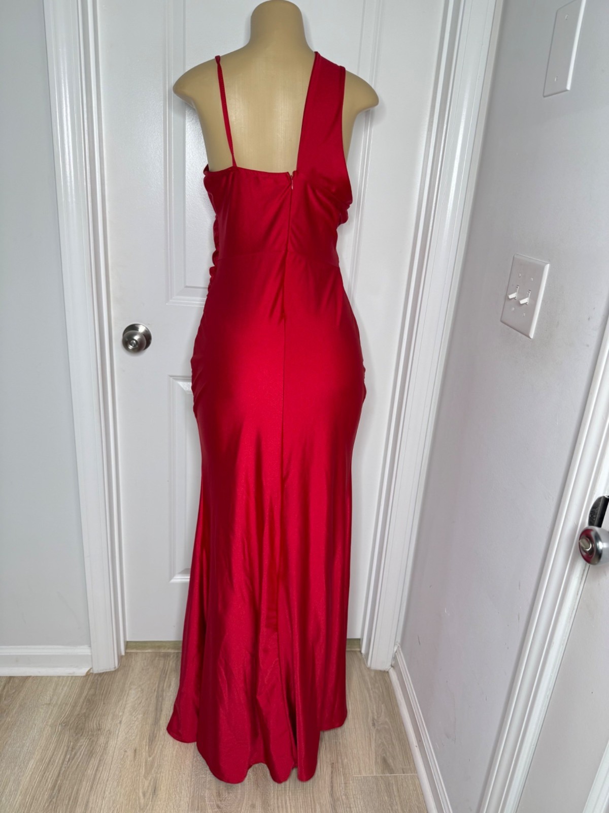 Red Sleeveless Plunging V-Neck Gown With Side Slit & Back Zipper Closure