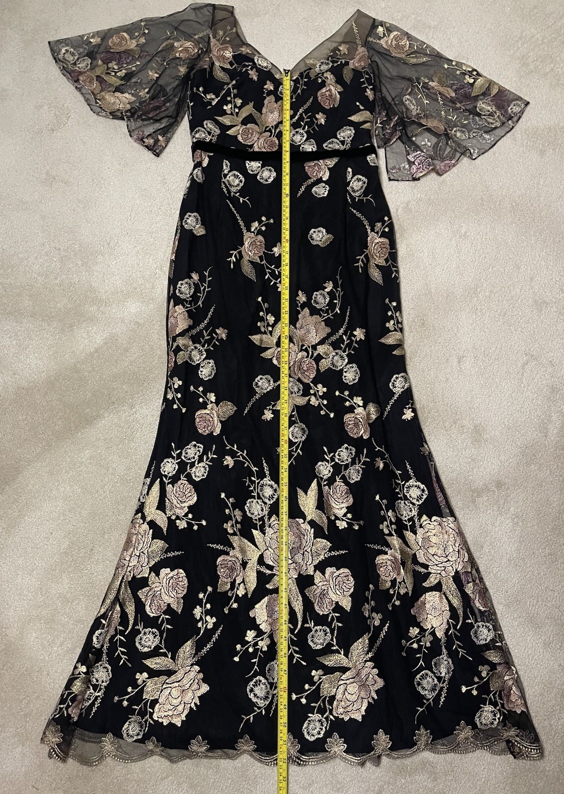 Marchesa Notte Floral Embroidered Gown Black Gold Pink Sheer Cape Sleeve Size 10