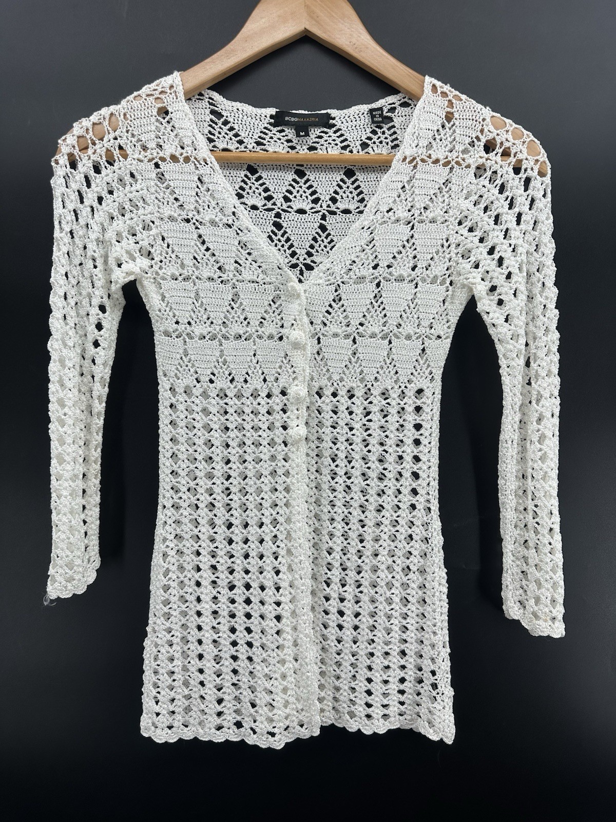 BCBG MaxAzria White Crochet Open Knit Boho Sweater S Beach Cardigan HH59