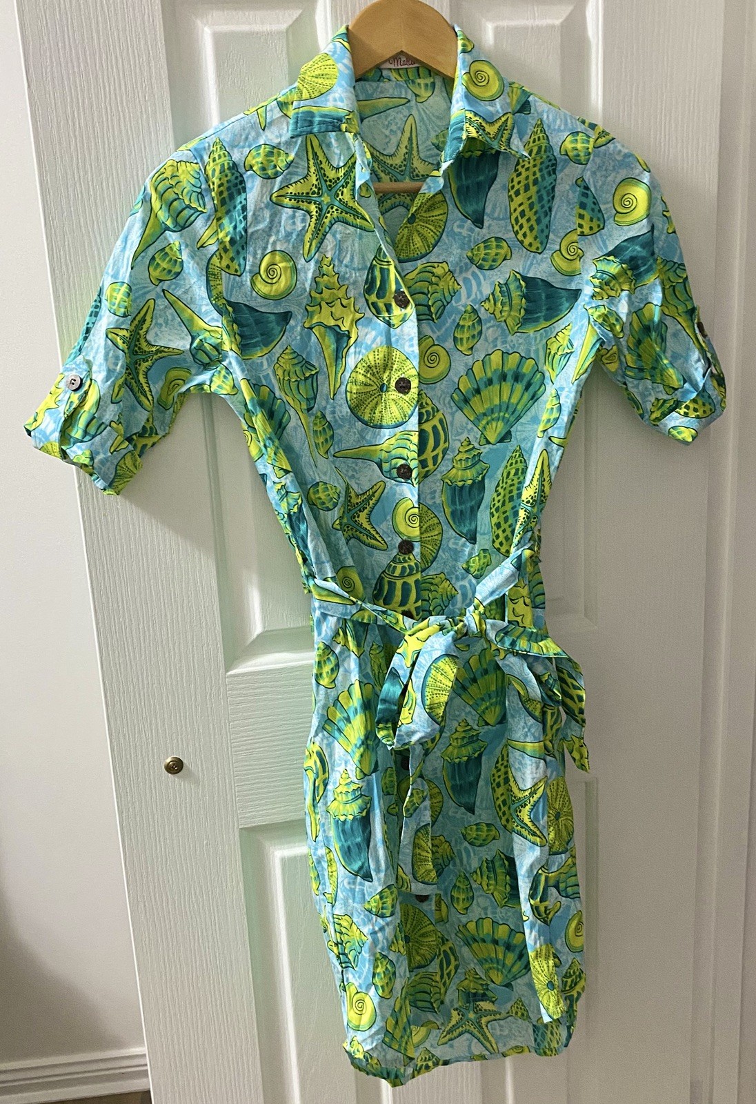 New MALIA Fiji Ladies Blue/Green Seashell Dress Made in Fiji Size S RRP$100
